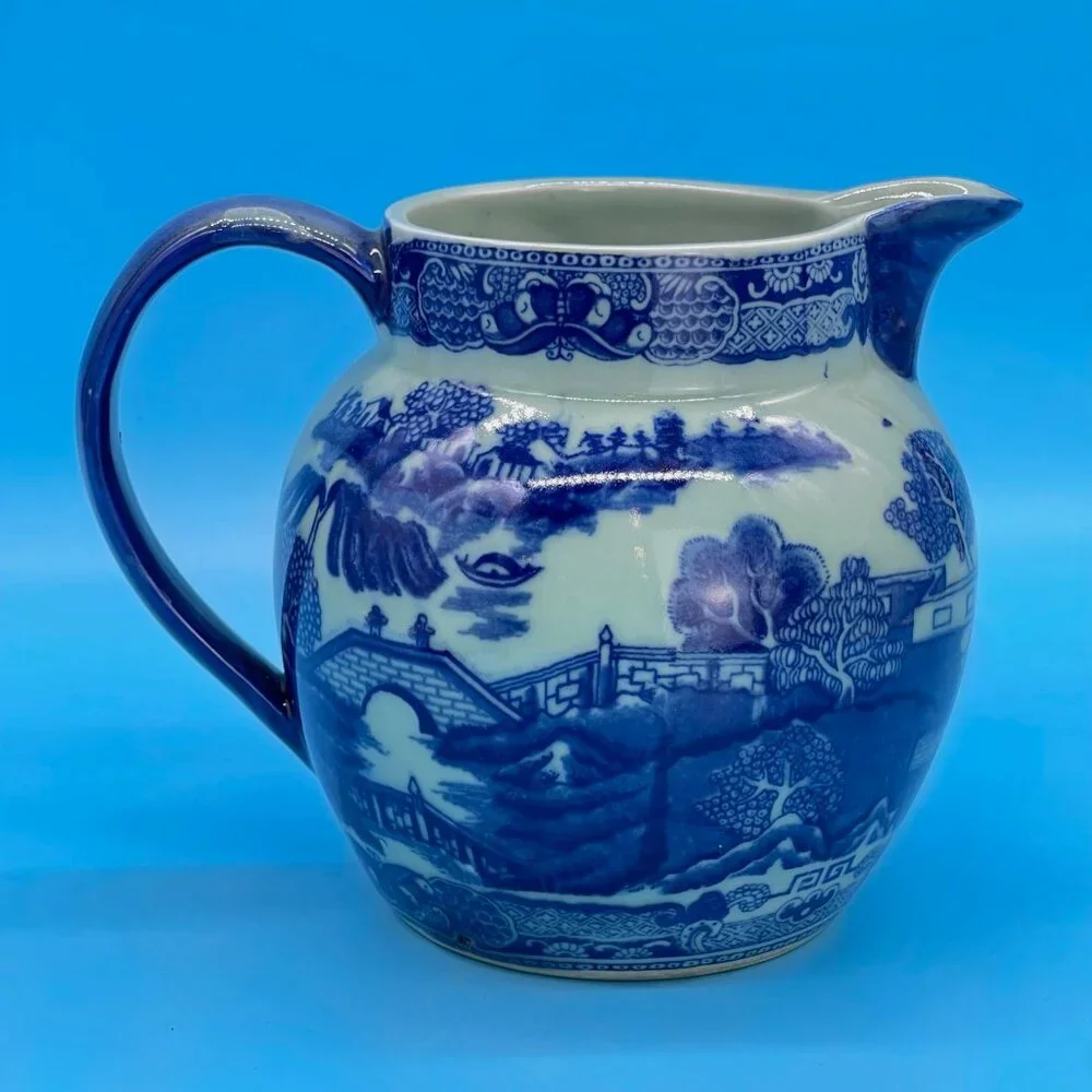 Vtg Victoria Ware Ironstone Pitcher Jug Flow Blue Transfer Ware Asian Village - Picture 6 of 11